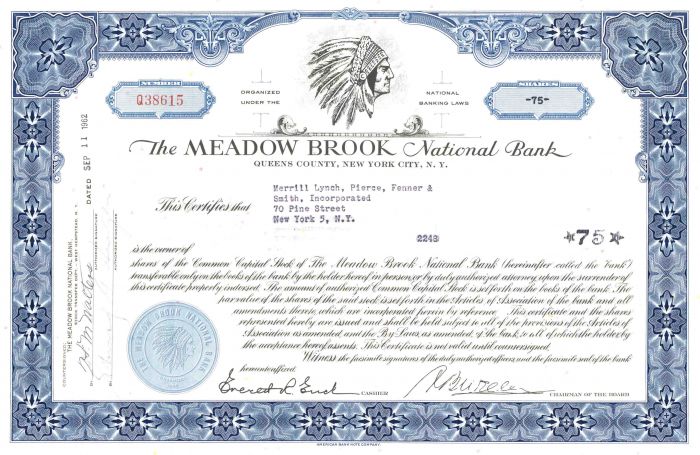 Meadow Brook National Bank - Stock Certificate