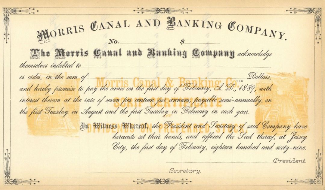 Morris Canal and Banking Co. - 1869 dated Unissued New Jersey Banking and Canal Stock Certificate