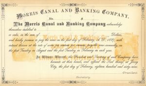 Morris Canal and Banking Co. - 1869 dated Unissued New Jersey Banking and Canal Stock Certificate