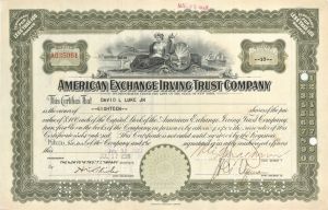 American Exchange Irving Trust Co. - 1920's Banking Stock Certificate