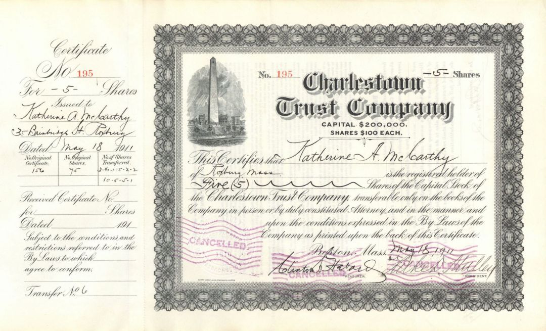 Charlestown Trust Co. - 1900-20's dated Massachusetts Banking Stock Certificate