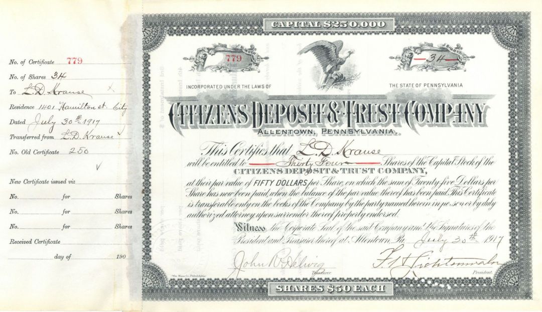 Citizens Deposit and Trust Co, Allentown, Pennsylvania - Stock Certificate