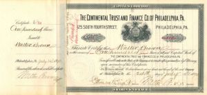 Continental Trust and Finance Co. of Philadelphia, PA - Stock Certificate