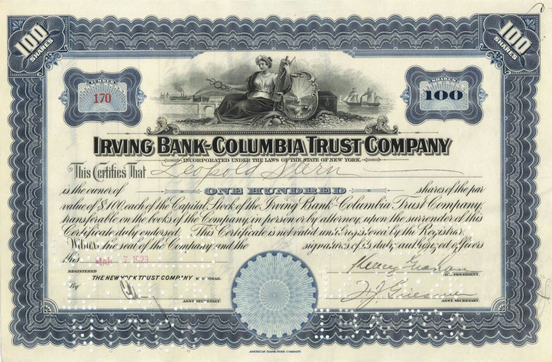 Irving Bank-Columbia Trust Co. - 1920's dated Banking Stock Certificate