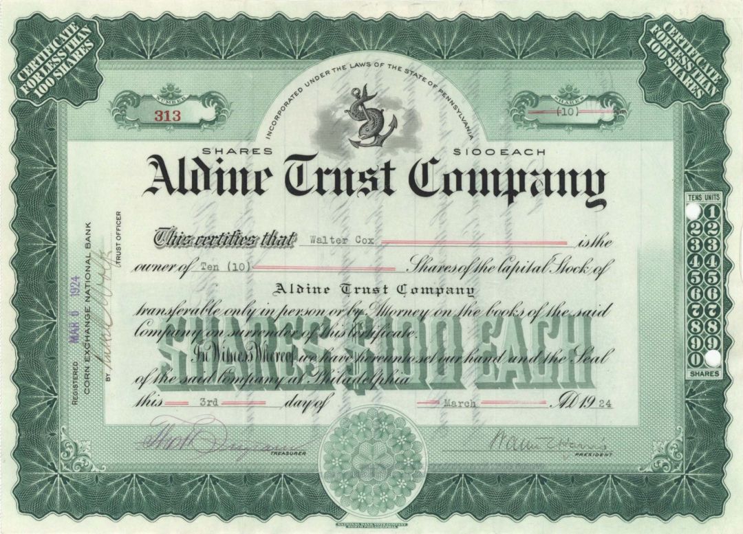 Aldine Trust Co. - 1924 or 1930 dated Stock Certificate