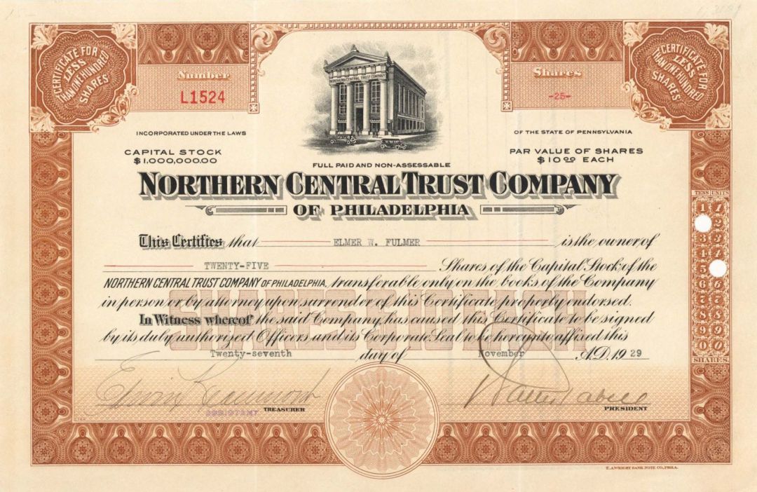 Northern Central Trust Co. of Philadelphia - 1929 or 1930 dated Stock Certificate