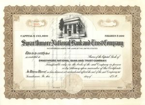 Swarthmore National Bank and Trust Co. - 1930's dated Unissued Banking Stock Certificate - Swarthmore, Pennsylvania