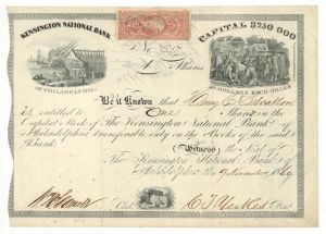 Kensington National Bank of Philadelphia - 1860's-1870's dated Stock Certificate