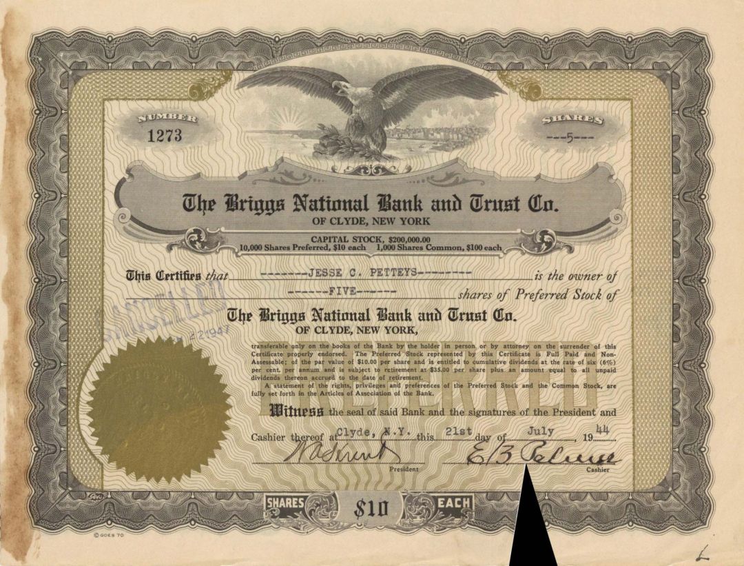 Briggs National Bank and Trust Co. - 1944 dated Stock Certificate