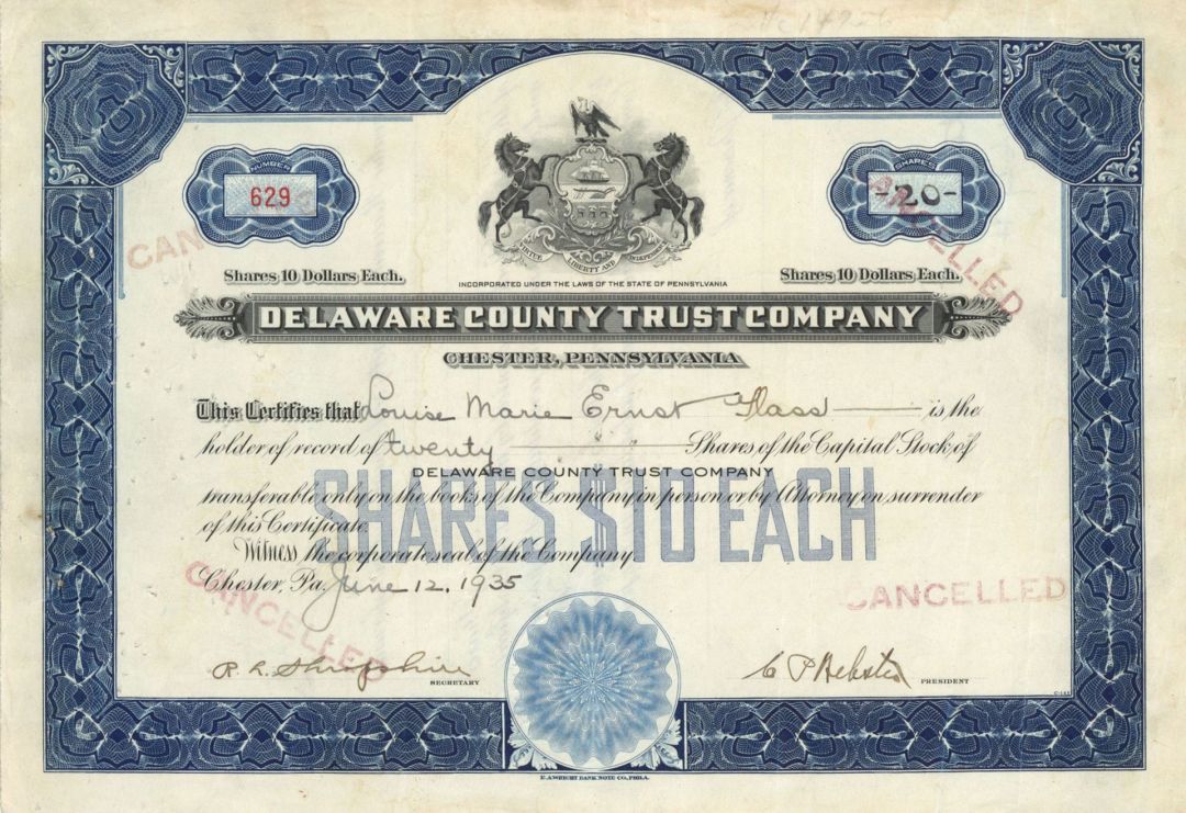 Delaware County Trust Co. - 1935 dated Stock Certificate