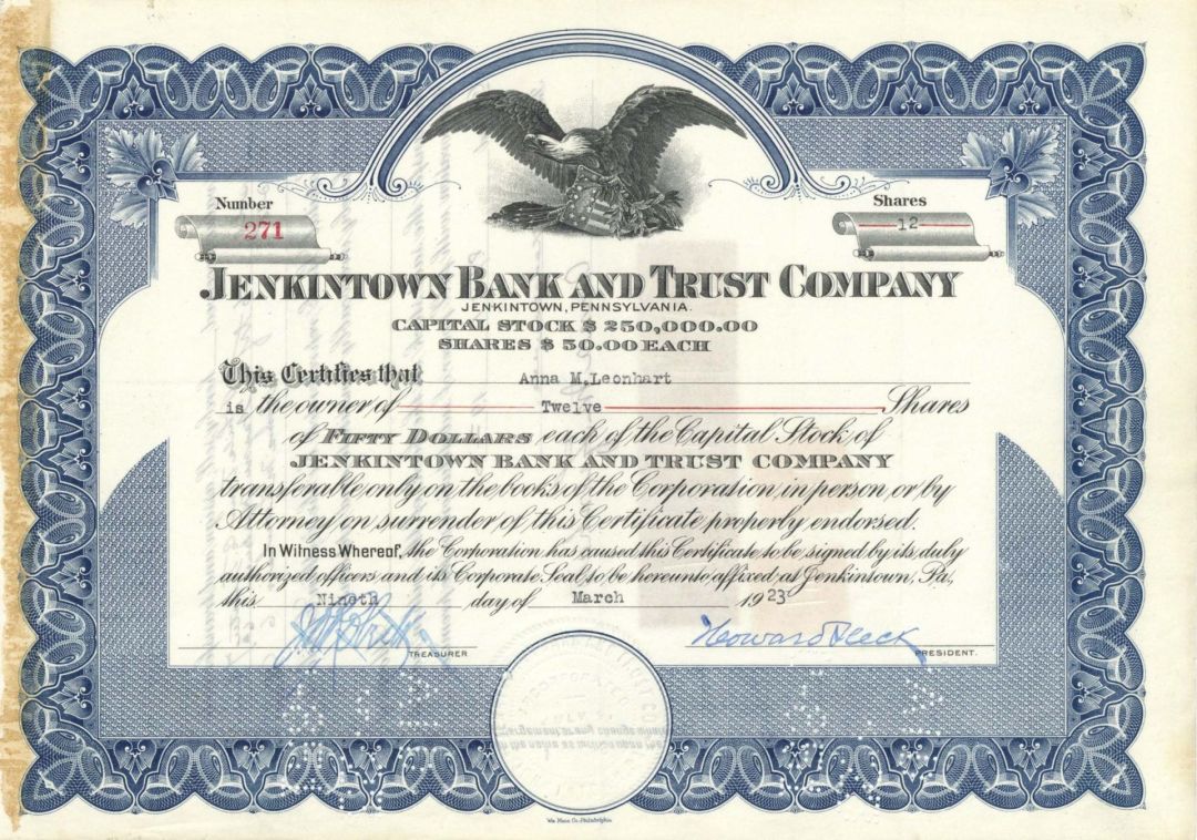 Jenkintown Bank and Trust Co. - 1922 or 1923 dated Stock Certificate