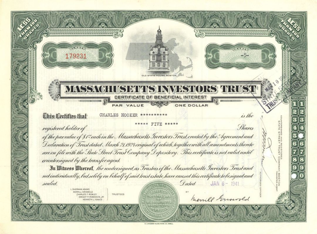 Massachusetts Investors Trust - 1940's dated Banking Stock Certificate