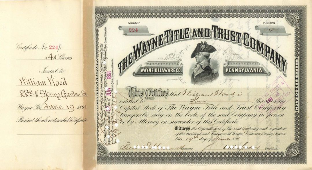 Wayne Title and Trust Co. - 1891 or 1909 dated Stock Certificate