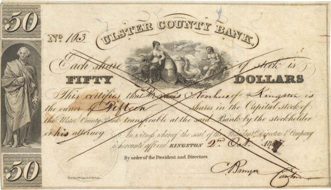 Ulster County Bank - 1837 dated Early Banking Stock Certificate
