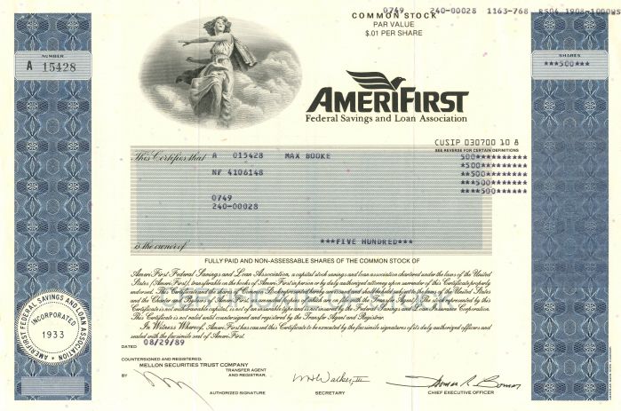 Amerifirst Federal Savings and Loan Association - Stock Certificate