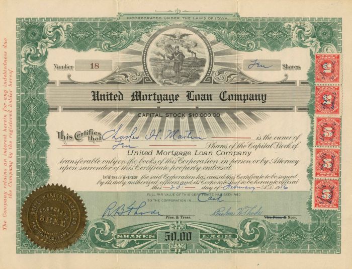 United Mortgage Loan Co. - Stock Certificate