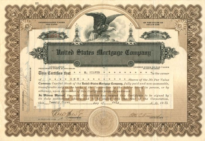 United States Mortgage Co. - 1921 dated Stock Certificate