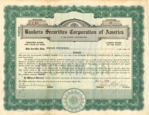 Bankers Securities Corporation of America - Stock Certificate