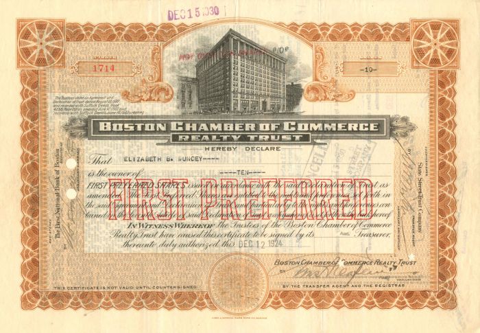 Boston Chamber of Commerce Realty Trust - Stock Certificate