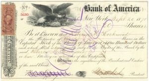 Bank of America - 1870's dated Classic Banking Stock Certificate - Great History