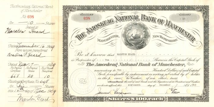 Amoskeag National Bank of Manchester - New Hampshire Banking Stock Certificate