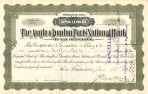 Anglo and London Paris National Bank of San Francisco - Stock Certificate