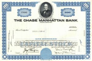 Chase Manhattan Bank - David Rockefeller's Printed Signature - 1960's dated Banking Stock Certificate