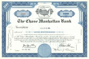 Chase Manhattan Bank - dated 1955-1960 Banking Stock Certificate - Available in Blue or Green