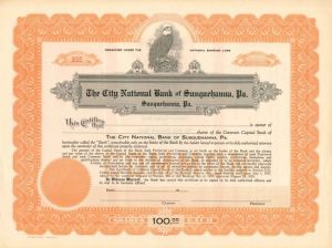 City National Bank of Susquehanna, Pa. - Stock Certificate