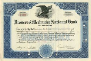 Drovers and Mechanics National Bank of Baltimore - Stock Certificate
