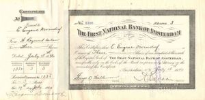 First National Bank of Amsterdam - Stock Certificate