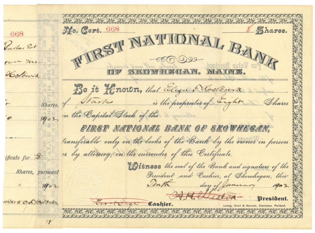 First National Bank of Skowhegan, Maine - 1902 dated Maine Banking Stock Certificate - Stub Cut Off