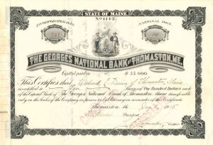 Georges Natioanl Bank of Thomaston, Me. - Stock Certificate