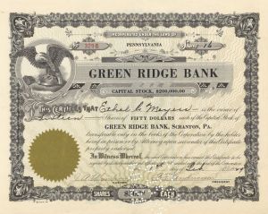 Green Ridge Bank - 1929 dated Pennsylvania Banking Stock Certificate