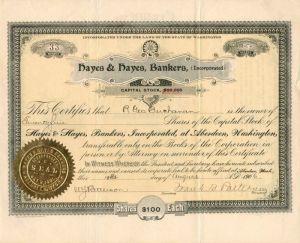 Hayes and Hayes, Bankers (Incorporated) - Stock Certificate