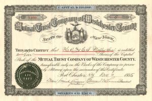 Mutual Trust Co. of Westchester County - Stock Certificate