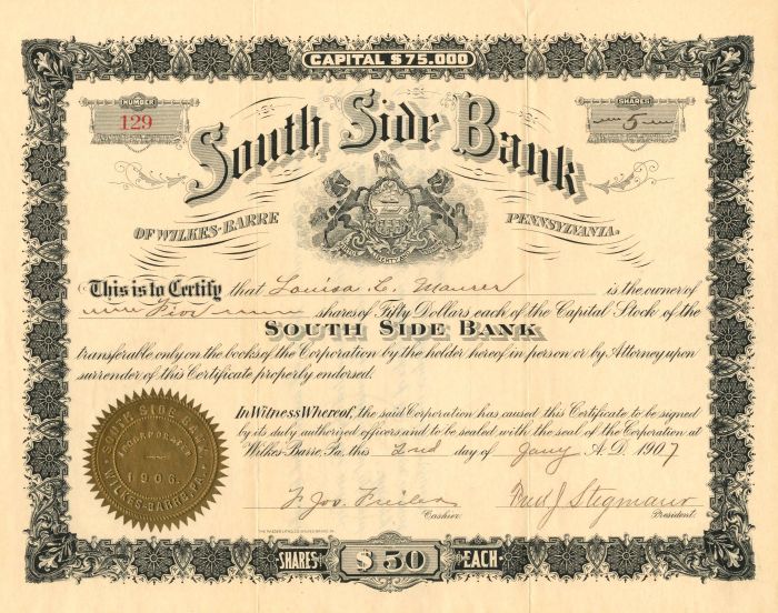 South Side Bank of Wilkes-Barre Pennsylvania - Stock Certificate