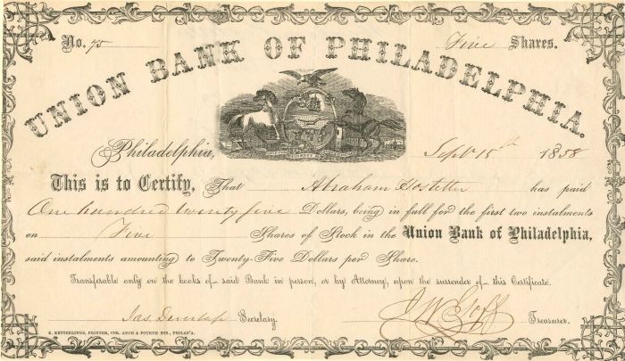 Union Bank of Philadelphia - Stock Certificate