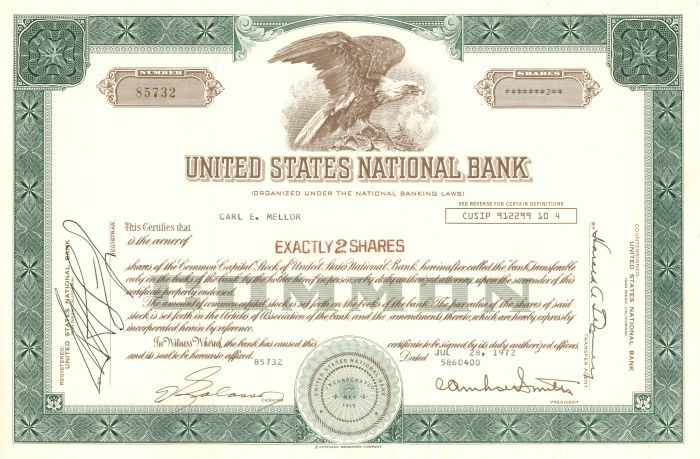 United States National Bank - Stock Certificate