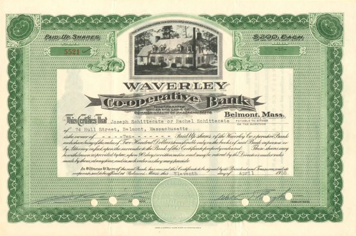 Waverley Co-operative Bank - Stock Certificate