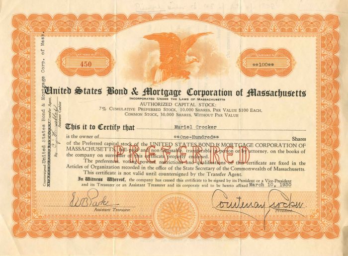 United States Bond and Mortgage Corporation of Massachusetts - 1930 dated Stock Certificate