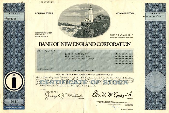 Bank of New England Corporation - Stock Certificate