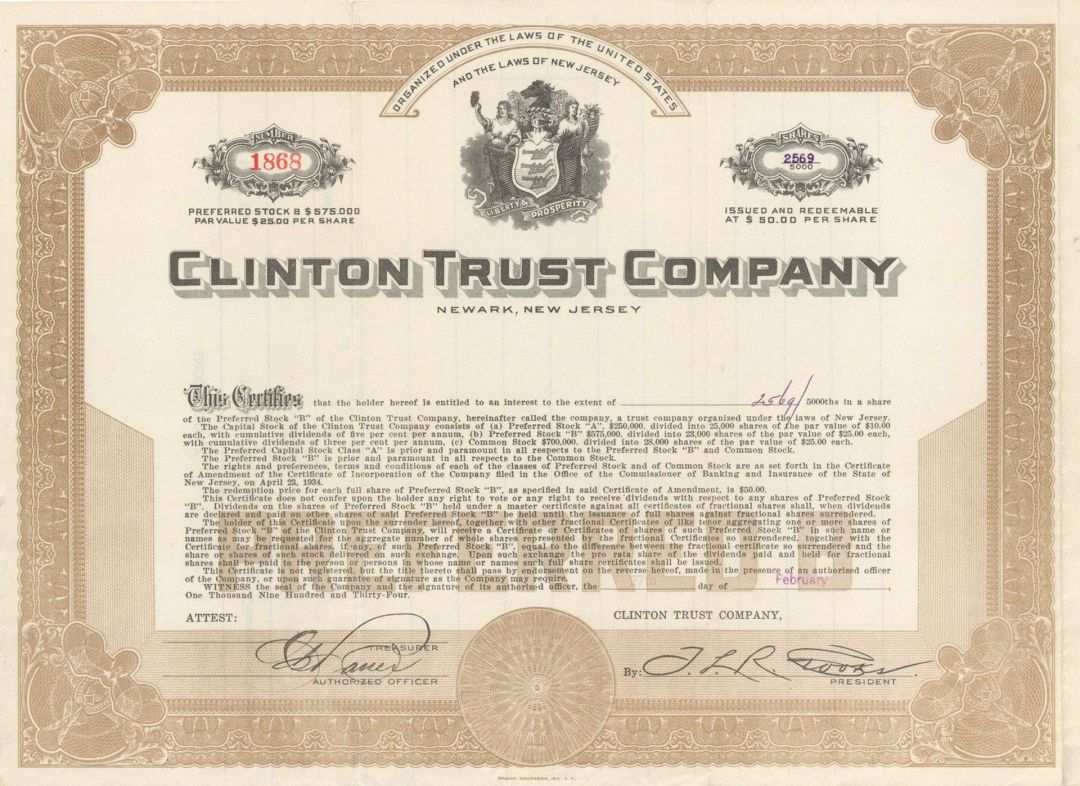 Clinton Trust Co. - Stock Certificate