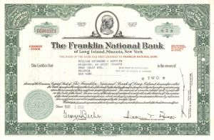 Franklin National Bank of Long Island, Mineola, New York - 1950's-60's dated Banking Stock Certificate