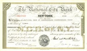 National City Bank of New York - Stock Certificate