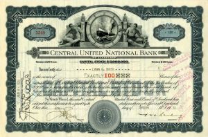 Central United National Bank - Stock Certificate