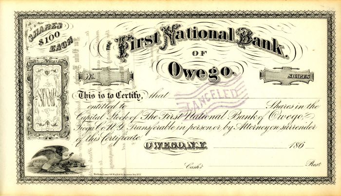 First National Bank of Owego - Unissued New York Banking Stock Certificate