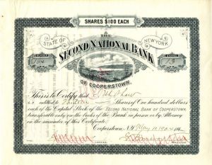 Second National Bank of Cooperstown - Stock Certificate - Baseball Hall of Fame