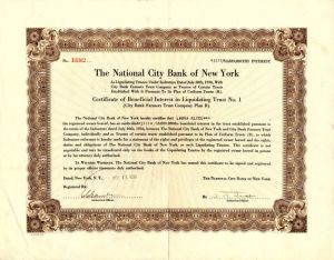 National City Bank of New York - 1938 Banking Stock Certificate
