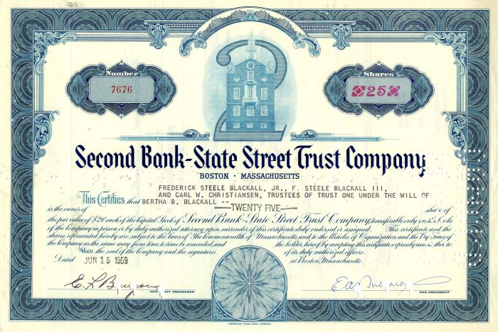Second Bank-State Street Trust Co. - 1959 dated Banking Stock Certificate